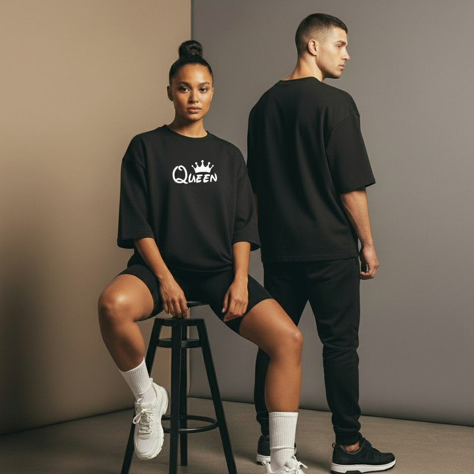 King & Queen Couple T-shirt Combo (Set of 2 | Oversized | 100% Cotton)