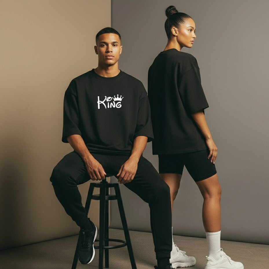 King & Queen Couple T-shirt Combo (Set of 2 | Oversized | 100% Cotton)